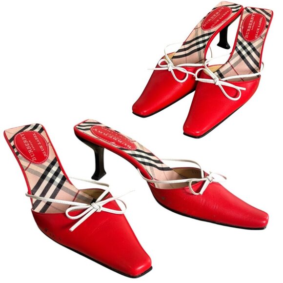 Authentic‎ BURBERRY Mules Slides Red Leather Pointed Toe Bow Kitten Heels 6.5-7 - Picture 2 of 6